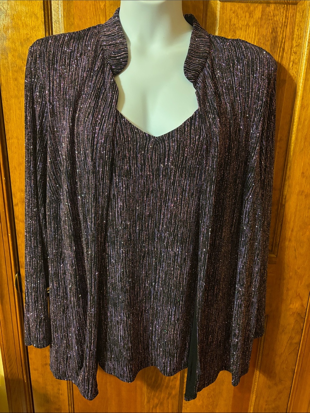 Onyx Nite Metallic Ribbed Open-Front Top in Black and Purple